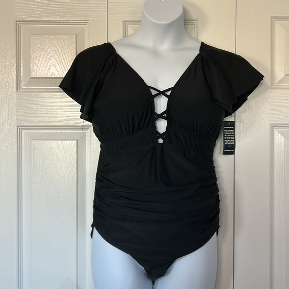 Blooming Jelly Other - Blooming Jelly One Piece Black Swim Suit with Flutter Sleeves, deep V-neck, XXL